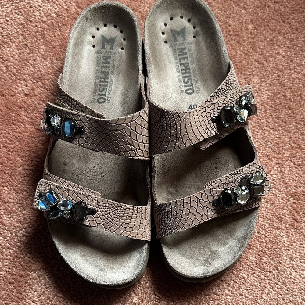 Women's MEPHISTO Hana Footbed Slides Sandals Black Croc Gems Rhinestones Jewels